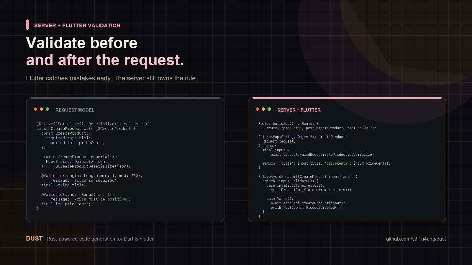 Dust tutorial showing server request validation and Flutter submit validation