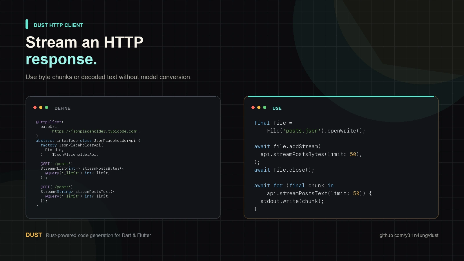 Dust HTTP client code showing byte and text response streams
