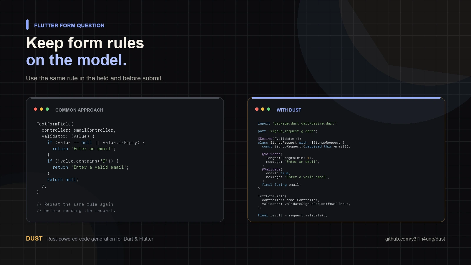 Flutter TextFormField validator code beside a Dust Validation model rule