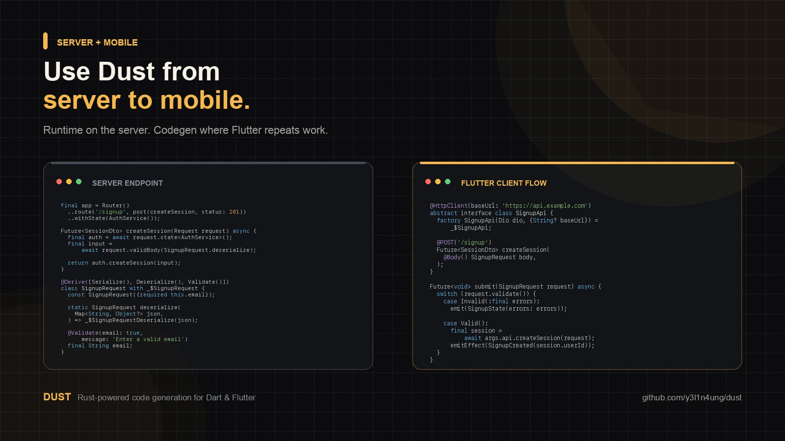 Dust tutorial showing a server signup endpoint and Flutter mobile signup client flow