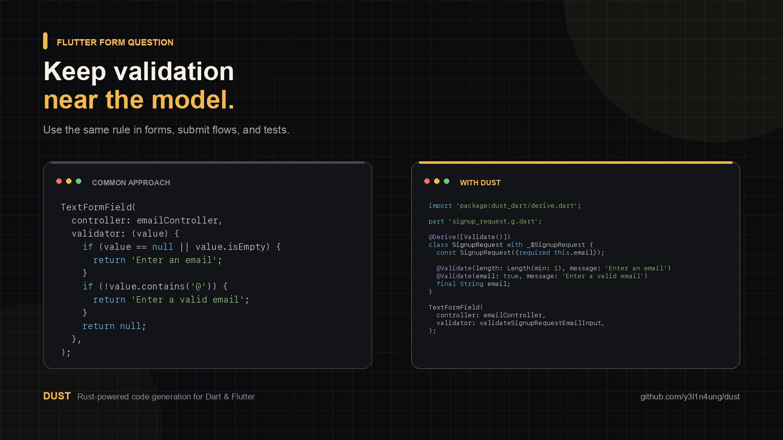 Flutter TextFormField validator beside a Dust validation model