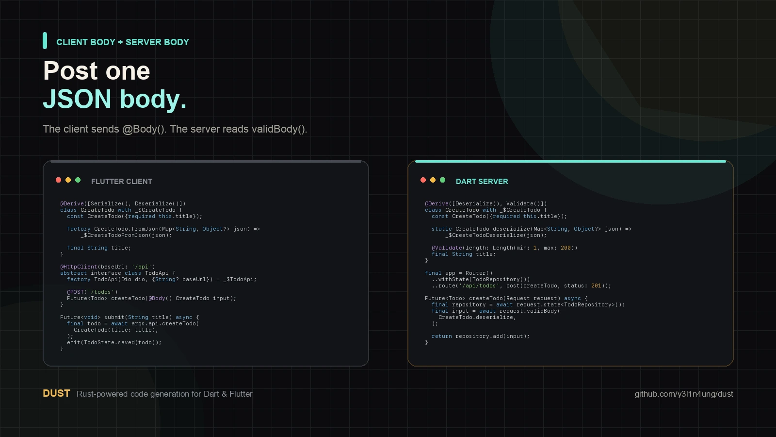 Dust code snapshot showing a generated HTTP body call and a dust_server JSON body handler