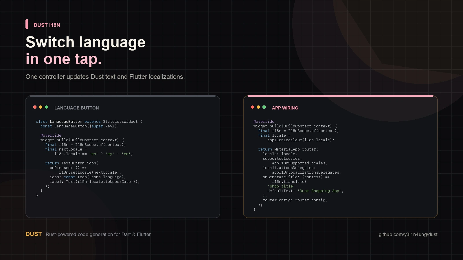 Dust i18n code snapshot showing a language button and Flutter locale wiring