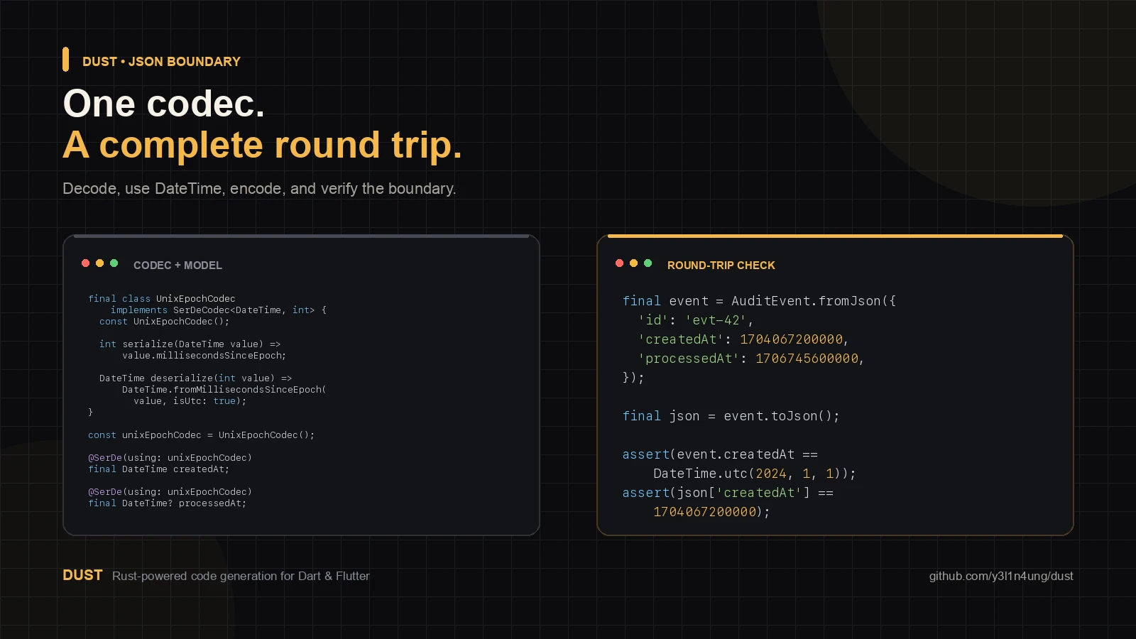 Complete Dust custom codec model and JSON round-trip example