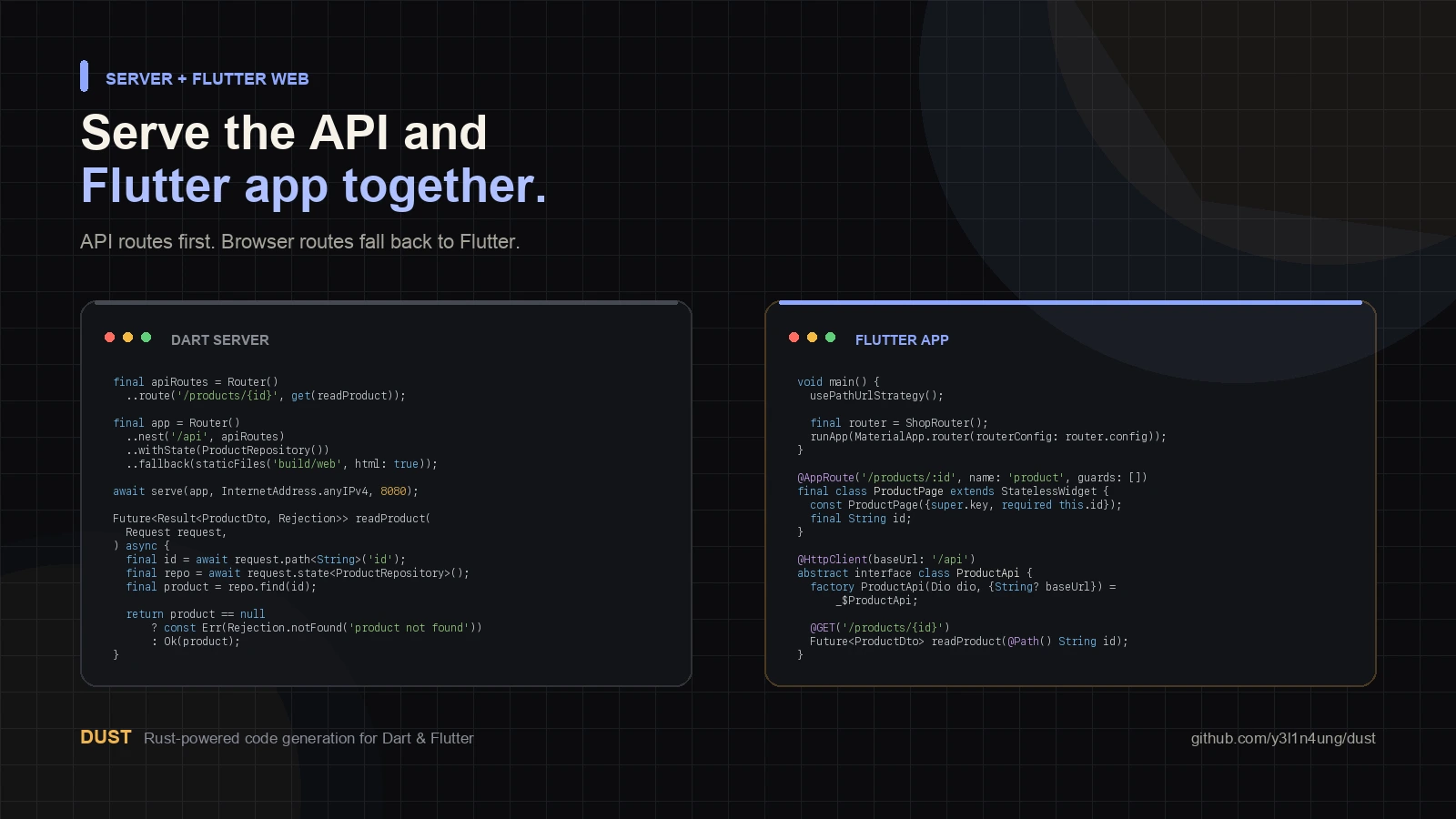 Dust tutorial showing a Dart server serving API routes and a Flutter web app together