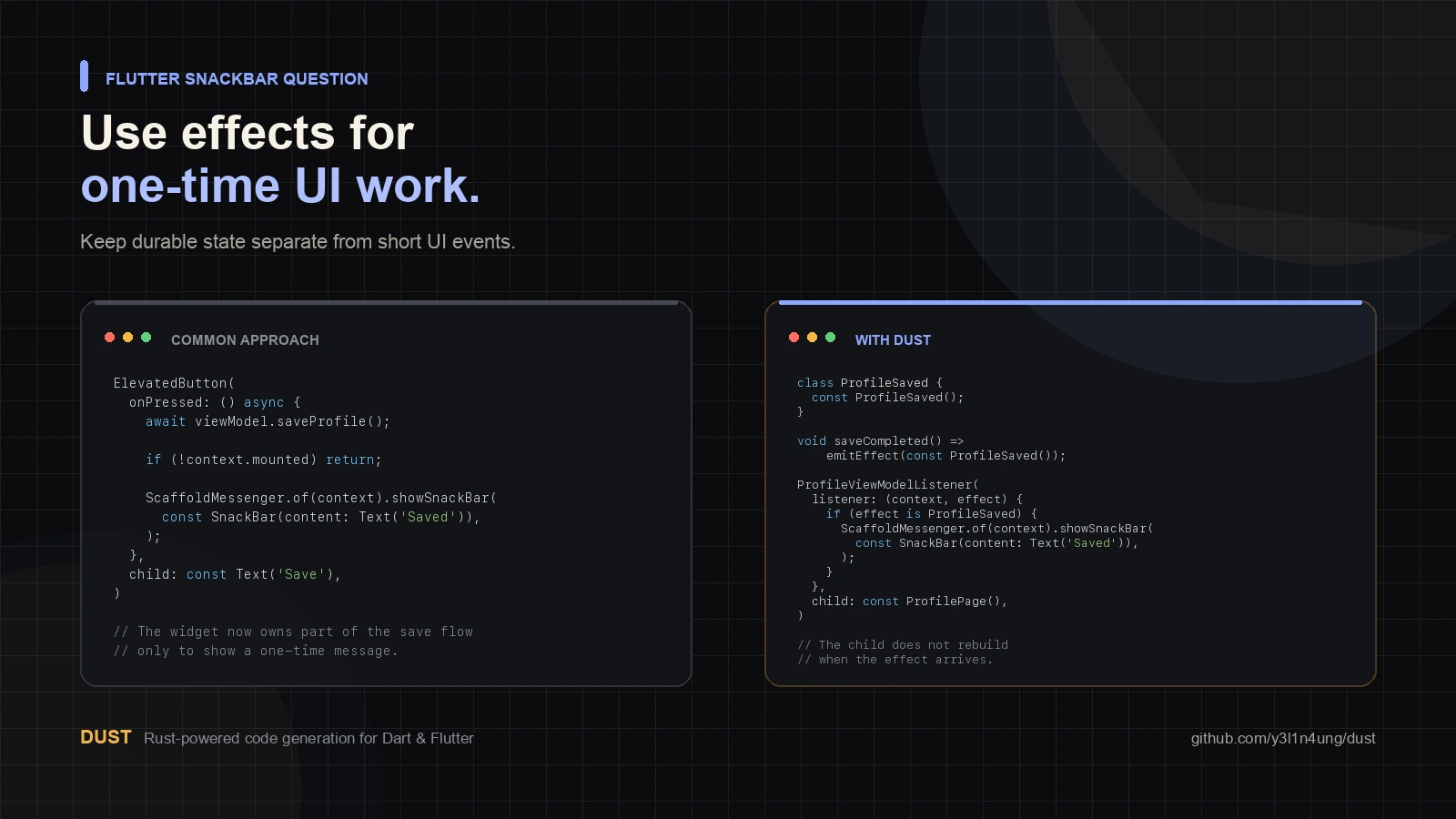 Flutter snackbar callback code beside a Dust State effect listener example