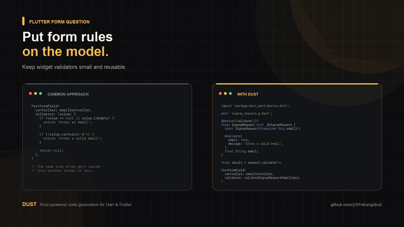 Flutter TextFormField validator code beside Dust model validation annotations