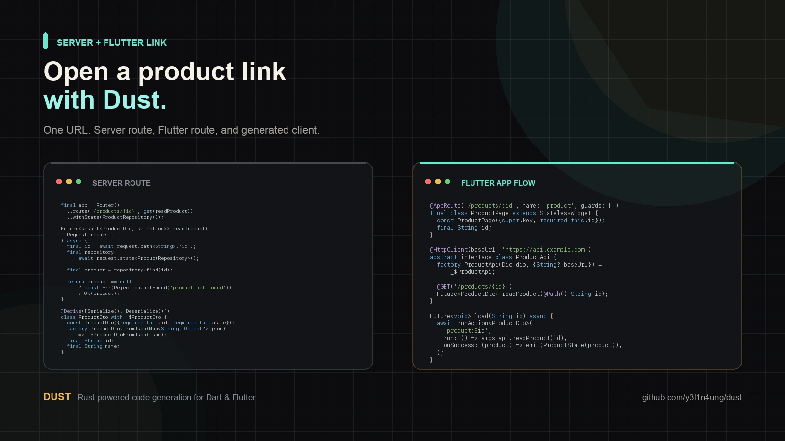 Dust full-stack product link tutorial showing a server product route and Flutter product screen route